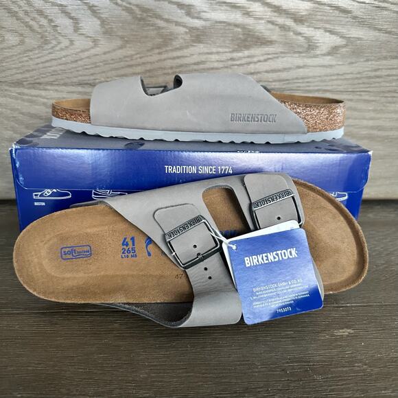 Birkenstock 41 Narrow Arizona Sandals Dove Grey Soft Footbed - Picture 3 of 5